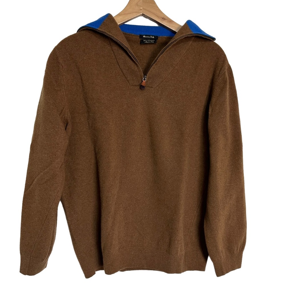 Massimo Dutti L brown/blue wool cashmere blend Italian 1/4 zip sweater